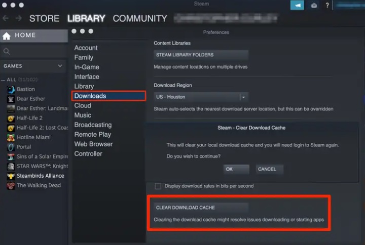 Borrar cachés de Steam manualmente