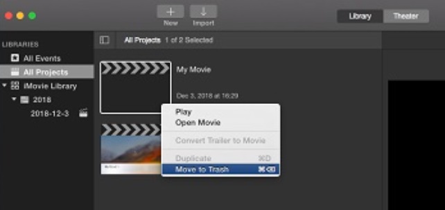 Borrar caché de iMovie eliminando proyectos y eventos