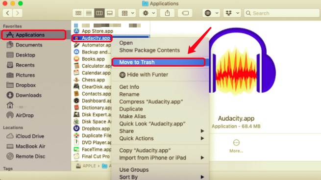 Eliminar Audacity de la carpeta de aplicaciones en Mac