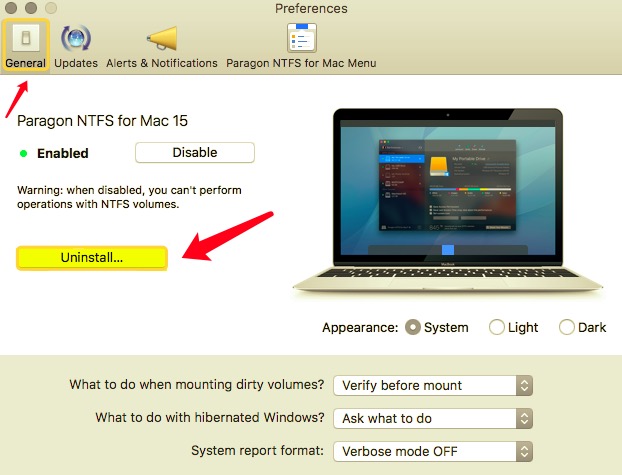 Eliminar NTFS de Mac a través de Preferencias del sistema