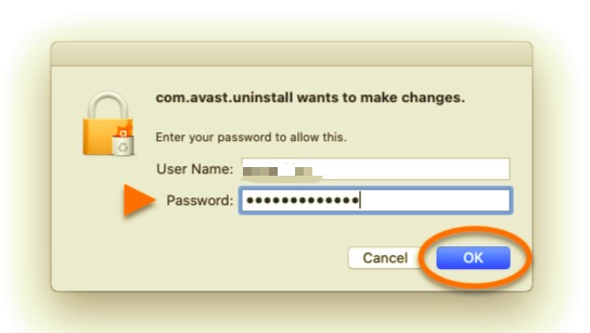 Ingrese el nombre de usuario y la contraseña para desinstalar Avast