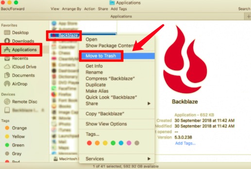 Desinstalar Backblaze en Mac a través de la carpeta de la aplicación