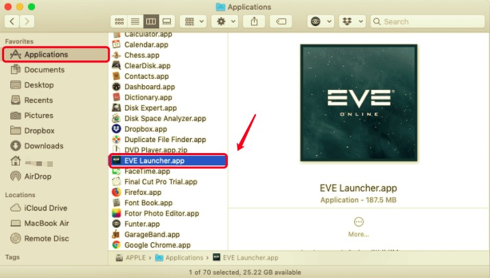 Eliminar EVE Online de Mac a través de la carpeta de aplicaciones