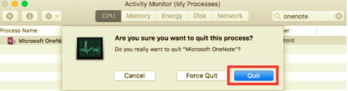 Salga de OneNote a través del Monitor de actividad antes de la desinstalación