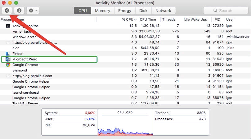 Salga de Word a través del Monitor de actividad antes de desinstalarlo