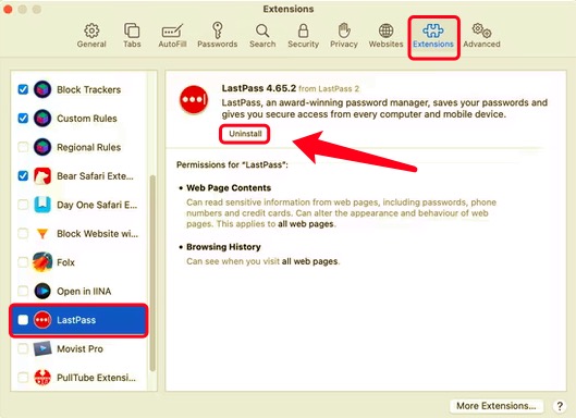 Eliminar la extensión LastPass Safari en Mac