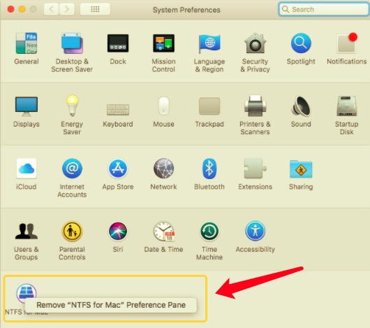 Eliminar el panel de preferencias de NTFS para Mac