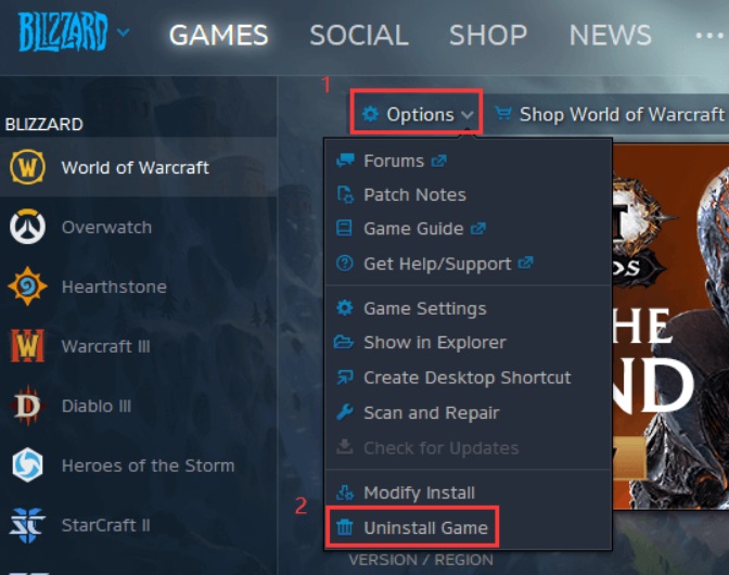 Desinstalar Blizzard Games de su aplicación