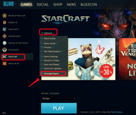 Desinstale StarCraft 2 en Mac a través de Battle.net