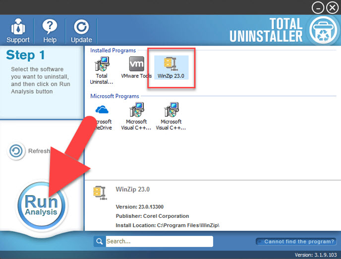 Usar Ejecutar y borrar la caché de Winzip