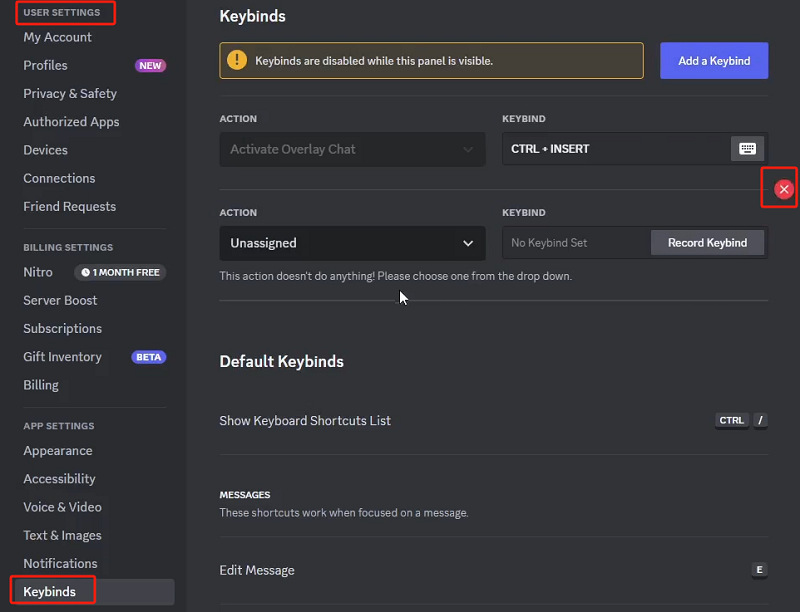 Eliminar combinaciones de teclas personalizadas para arreglar Discord sigue fallando