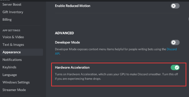 Deshabilite la aceleración de hardware para transmitir películas de YouTube en Discord