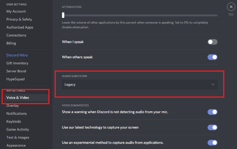 Utilice el subsistema de audio heredado para arreglar la pantalla de Discord Compartir sin audio