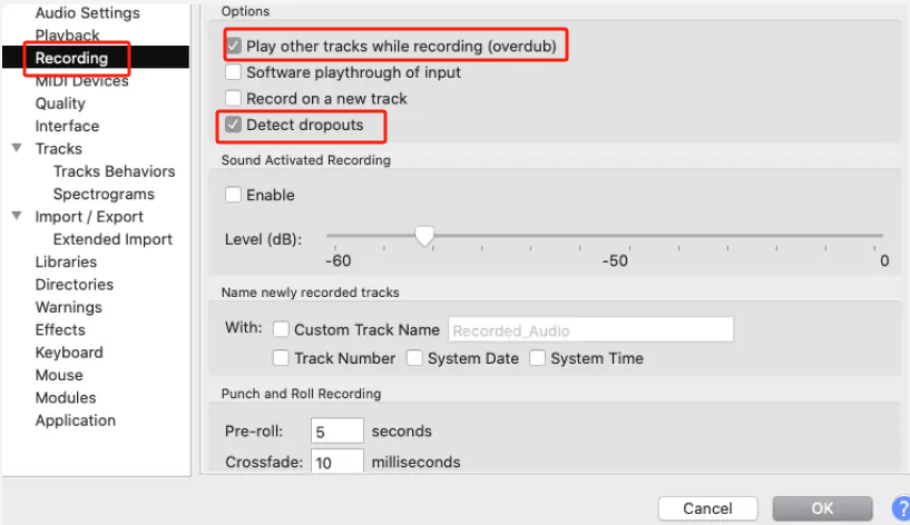 Modificar la configuración de grabación de Audacity