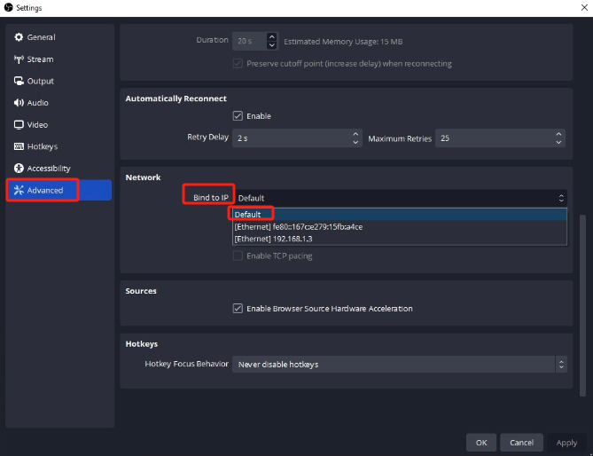 Modificar la opción “Enlazar a IP” para solucionar la pérdida de cuadros en OBS