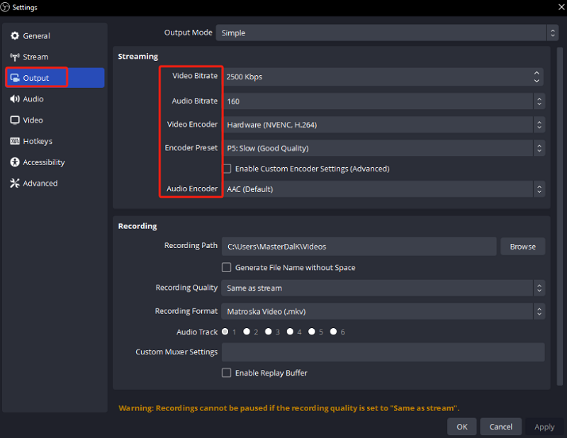 Configuración de salida OBS para grabación