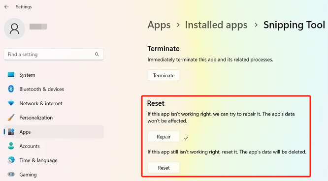 Restablecer aplicaciones para reparar la herramienta de recorte que no funciona