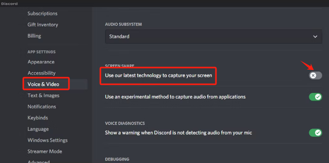 Desactive la configuración para arreglar la pantalla negra de Discord Stream