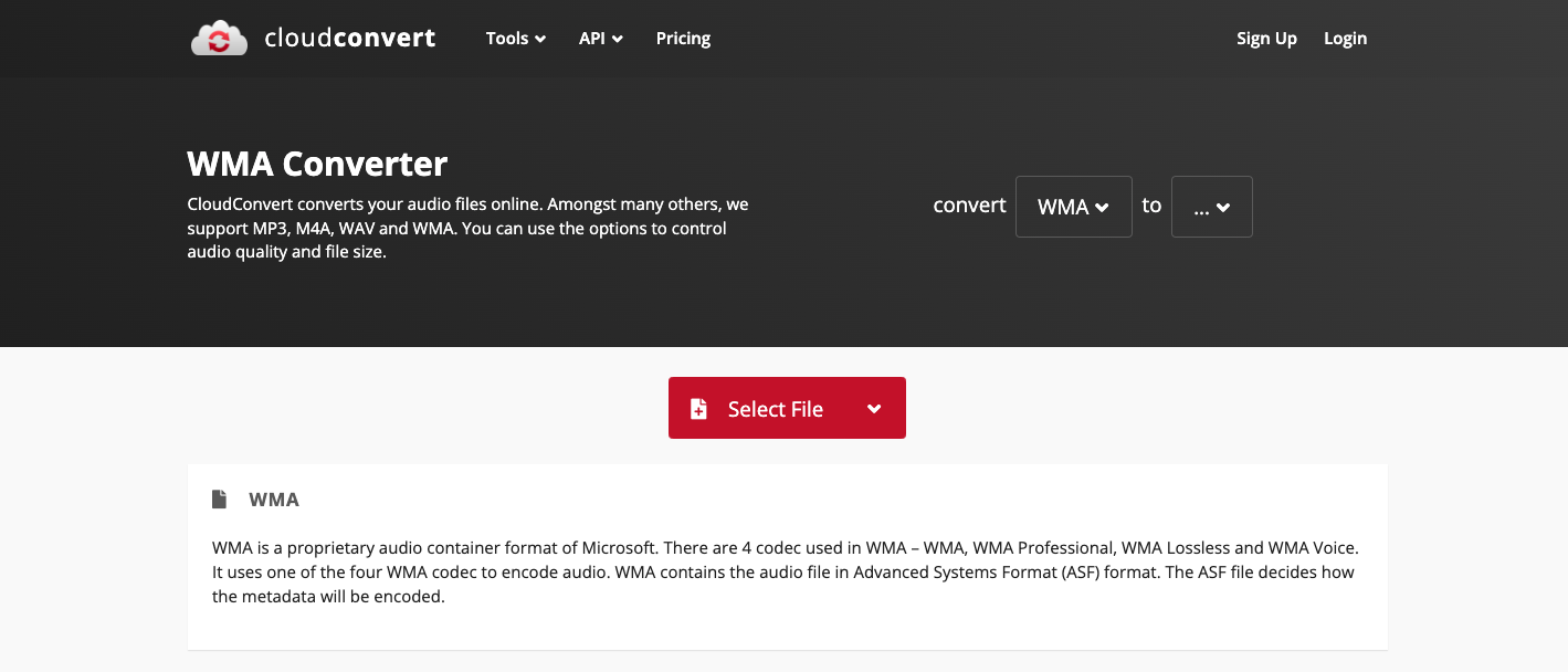 Use Cloudconvert.com para convertir WMA a MPG