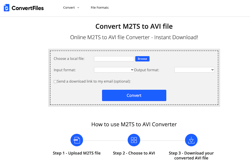 Visite ConvertFiles.com para convertir M2TS a AVI