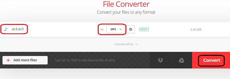 Use Convertio para convertir AC3 a MP2