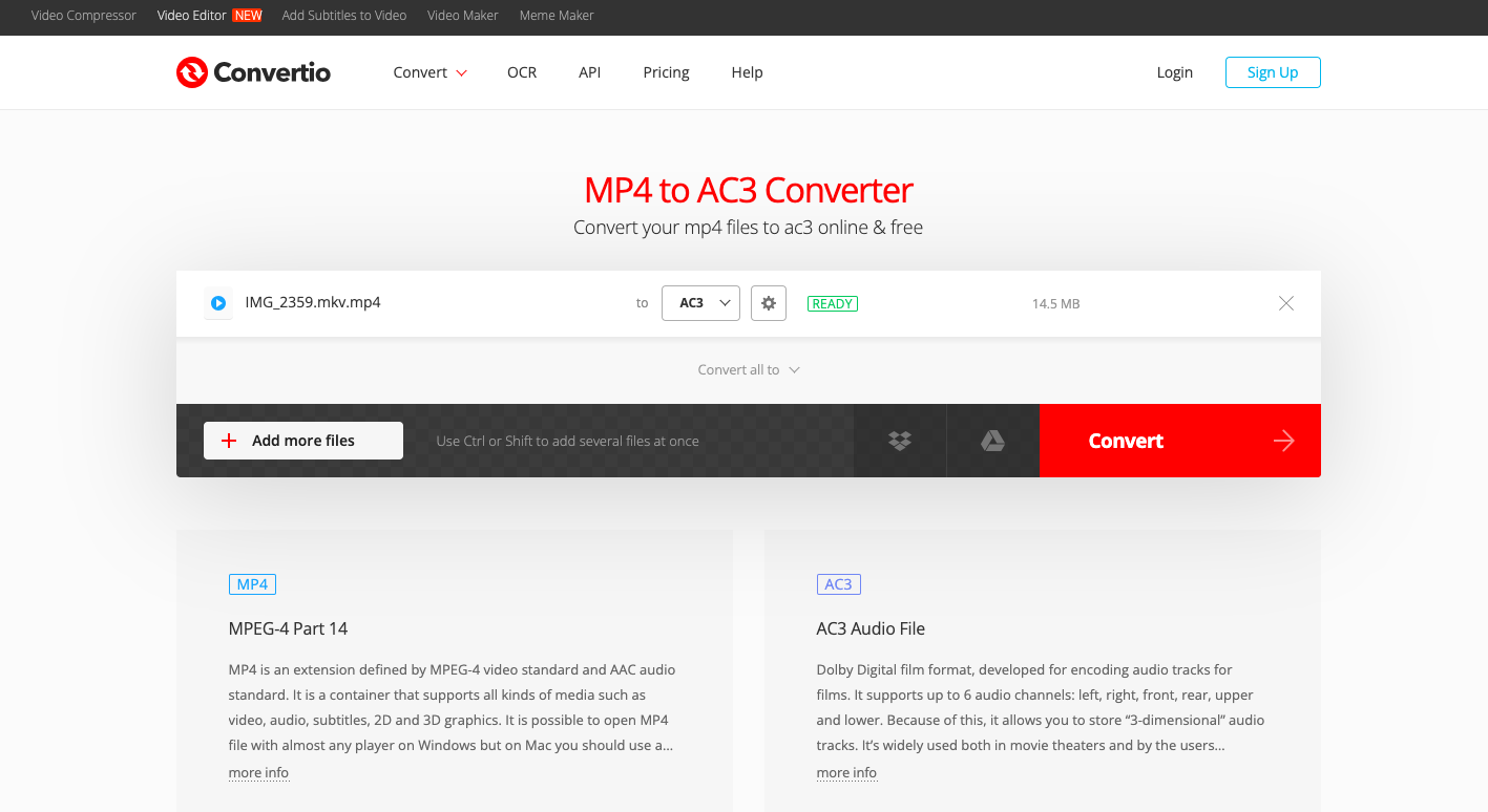 Use Convertio.co para convertir MKV a AC3