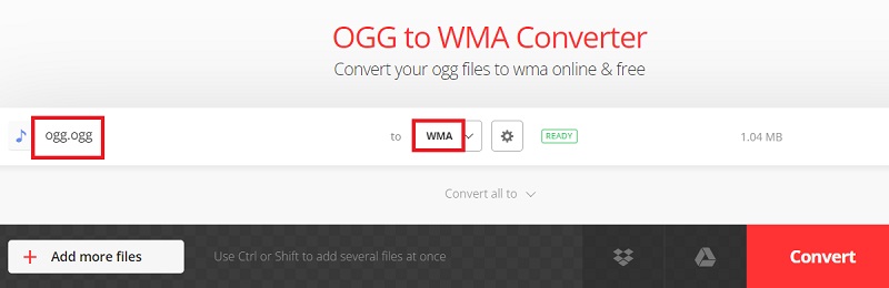 Cree archivos OGG en formato WMA con Convertio