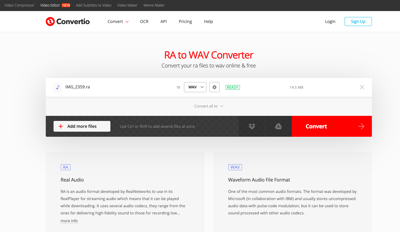 Convirtiendo RA a WAV con Convertio.co