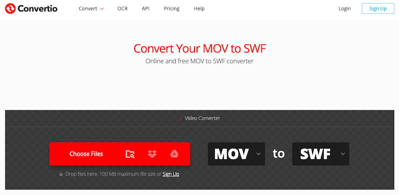 Visite Convertio.co para convertir MOV a SWF en línea