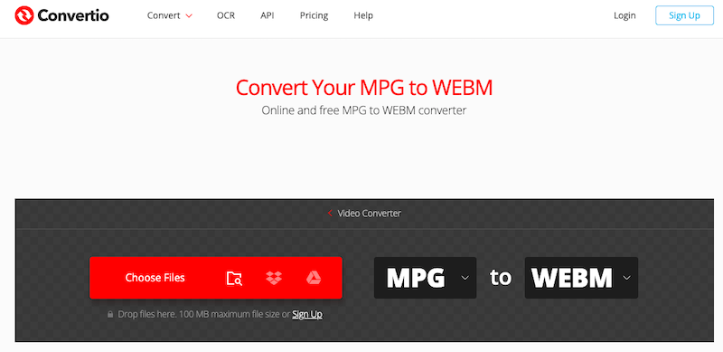 Visite Convertio.co para convertir MPG a WebM