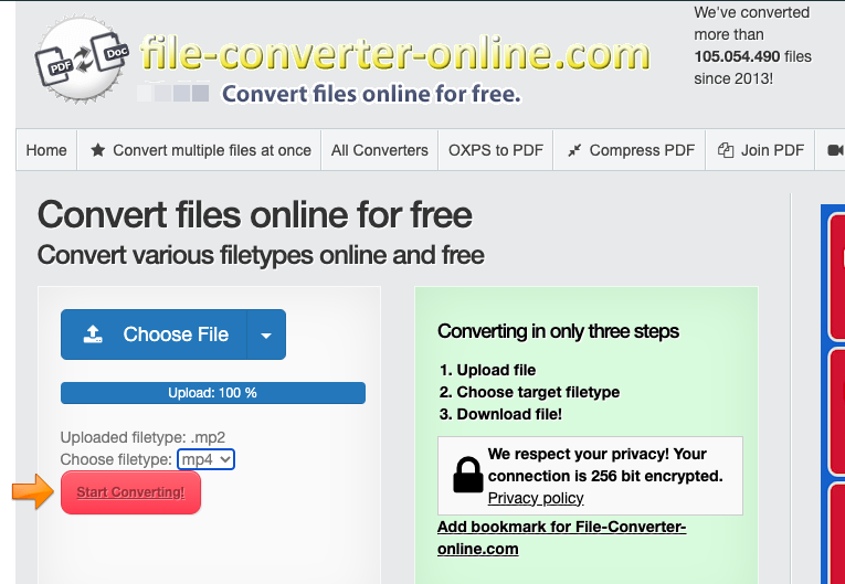 Convierta MP2 a MP4 con File-Converter-Online.com