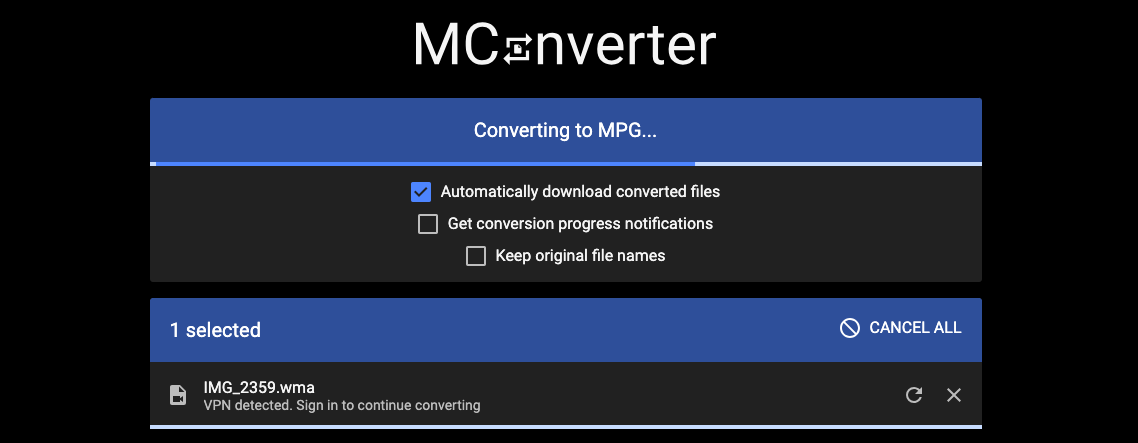 Use Mconverter.eu para convertir WMA a MPG