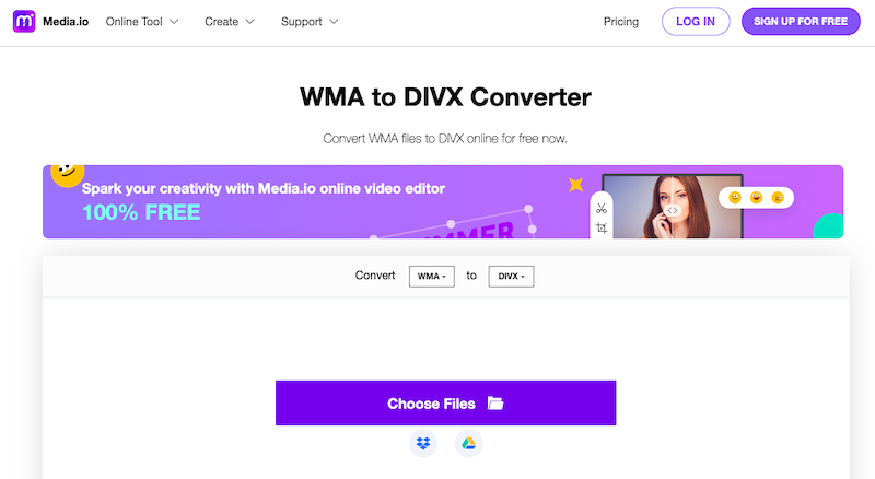 Media.io: Convertidor WMA a DivX en línea