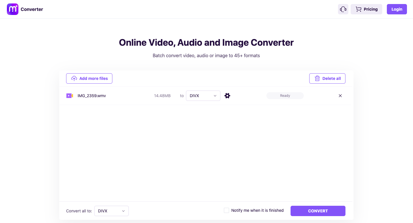 Use Media.io para convertir WMV a DivX