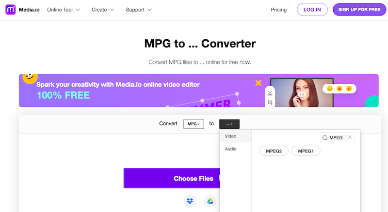 Media.io: convertidor de MPG a MPEG en línea